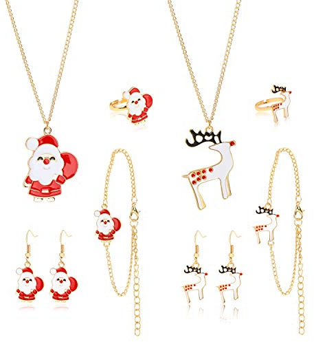HOWAF 10pcs Parures Bijoux de Noël pour Filles, Noël Colliers Bracelets Bagues Boucles d'oreilles Pendentifs pour Filles Enfants Noel de Cadeau Bonbonnières Ornements