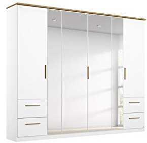 Rauch Möbel Carlsson, Kleiderschrank, Farbe Weiß, Breite 226 cm | Schrank, 6-türig, Spiegel, 4 Schubladen, für Schlafzimmer, Kinderzimmer, Ankleidezimmer, Garderobe, Flur