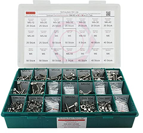 Set Sechskantschrauben DIN 933 M5+6 Edelstahl A4 V4A mit Muttern + Scheiben