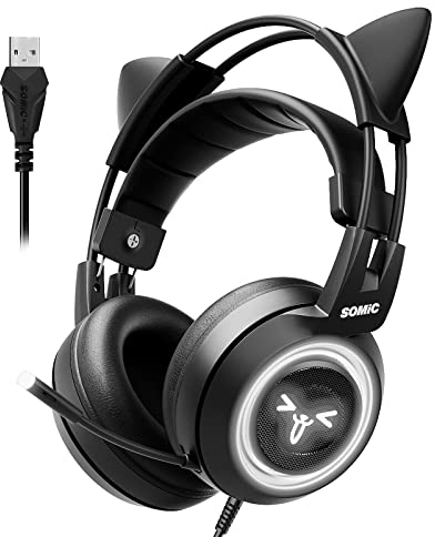Somic Cat Gaming-Headset mit Virtual 7.1 und LED-Licht, Surround Sound, Headset mit Noise Cancelling-Mikrofon für Computer, PS4, Laptop, Schwarz (USB-Stecker)