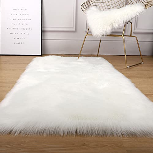 Soft Shaggy Decor Fur Area Rug Faux Lambskin Sheepskin Rug for Bedroom, Living Room, Longhair Faux Fur Chair Sofa Cover Seat Pad, Floor Carpet,White-6.6x3.3ft
