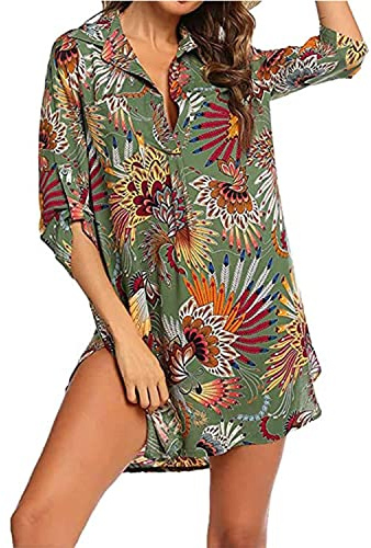 Cuello en V Pareo Playa Vestido Camisero de Manga Corta Mujer Camisa Suelta Ropa de Baño Bikini Cover Up