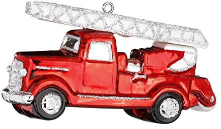 Christbaumschmuck Glas 6cm Feuerwehrauto mit Glitzer Weihnachtskugeln Drehleiter rot