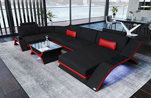 Sofa Wohnlandschaft Calabria - mit LED Beleuchtung, verstellbare Kopfstützen, Recamiere/Mikrofaser/Ausrichtung wählbar (Ottomane rechts, Rot-Schwarz)