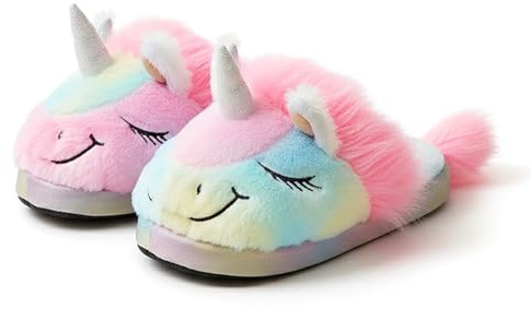 CoolChange Pantofole con unicorno in peluche con corno glitterato, con unicorno arcobaleno, pantofole in peluche, multicolore, 36/40 EU