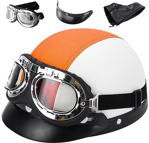 Casco Jet Vintage ,Mezzo Casco Moto Pelle D'epoca Con Occhiali Mezzo Jet Caschi Scodella Vintage Casco Moto Pelle Uomo Donna Motociclo Metà Aperto Faccia Casco Con Occhialoni ECE