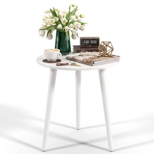 APICIZON Beistelltisch, Couchtisch rund Ø 42 cm, Höhe 51 cm, Sofatisch mit Beinen aus Massivholz, Skandinavischer Stil, Nachtisch Beistelltisch Holz für Wohnzimmer, Schlafzimmer, Weiß