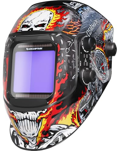 ARCCAPTAIN Schweißhelm mit 100x93mm Großem Sichtfeld | Optische Klasse 1/1/1/1, 1/25000s Umschaltzeit, 4 Lichtbogensensoren, DIN 4/5-9/9-13, Solarbetrieb + Austauschbare Batterie