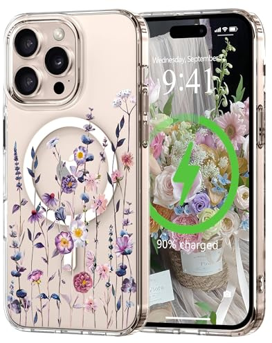 L-FADNUT für iPhone 14 Pro Hülle Transparent Blumen Muster Bunt | Magnetisch Handyhülle Kompatibel mit MagSafe, Durchsichtig Schutzhülle Hart PC Rückseite Dünne Stoßfest Kratzfestes Case