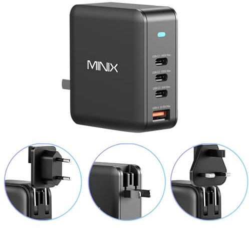 MINIX 165W USB C Charger, 140W PD 3.1 GaN Fast Charging Station for MacBook | 4-Port Travel Power Adapter (US/EU/UK Plugs) for MacBook Pro 16, iPad Pro, iPhone 17 16 Pro Max, Galaxy S25 S24, Steam Deck