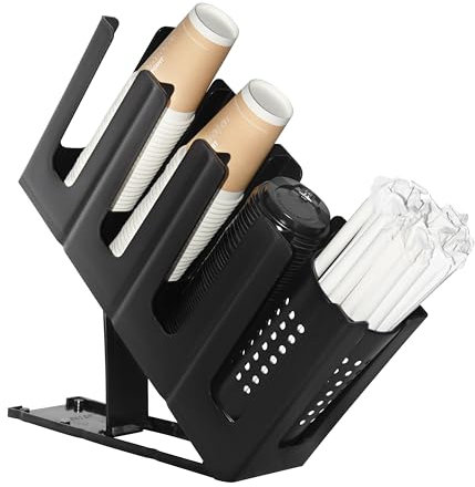 Cup Holder Lid Dispenser with Straw Organizer,4 Compartment 7 Adjusting,Disposable Paper Cup Storage Organizer for Breakroom Countertop Coffee Station Bar Restaurant Beverage Kitchen Coffee Truck
