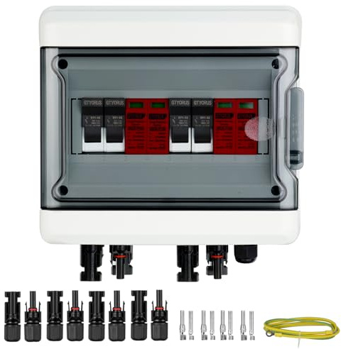 GTYORUS Überspannungsschutz PV Solar Blitzschutz 2P DC 1000V,IP65 Wasserdichtes PV Anschlusskasten DC 1000V 32A Sicherungskasten,2 String 9 Module für PV Anlage Photovoltaik (2 in 2 out)