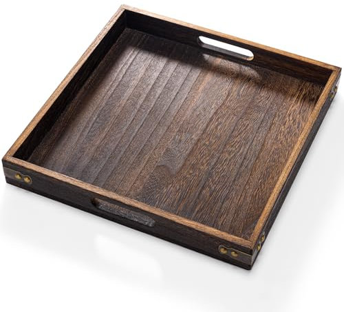 Yangbaga Wooden Serving Tray with Handle,12.5”x 12.5” Tea Tray,Large Ottoman Platter for Home Decor,Serving Platter for Coffee,Tea,Snack,Breakfast in Bed and Festival