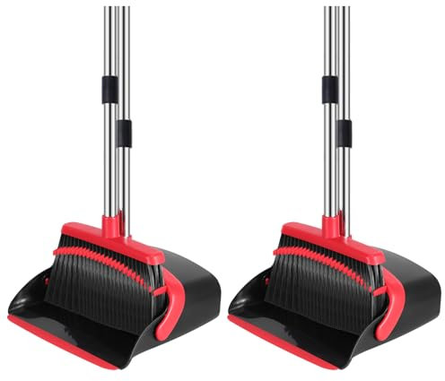 NACENA Broom and Dustpan Set, 52-in Long Adjustable Handle Broom Dustpan Combo with Dustpan Teeth to Automatically Clean Hair Suitable for Home Kitchen Office Hall Floor (Black&Red), 2 Pack