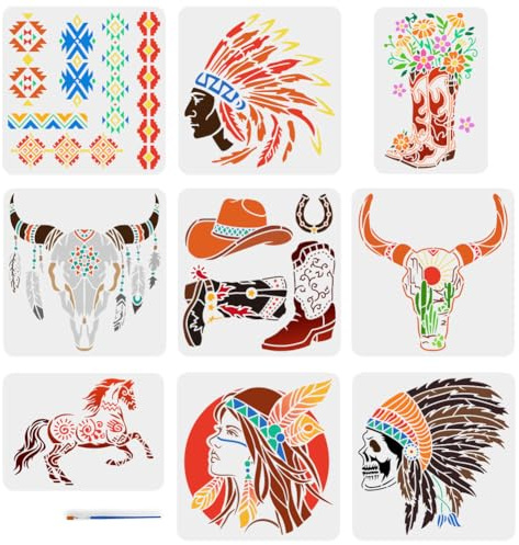 FINGERINSPIRE 9 Stück Zeichenschablone Mit Cowboy Motiv Und Einem Pinsel In 2 Größen Westernpferd Cowboystiefel Indianer Totenkopf Kuhschädel Azteken Malvorlage Zum Malen Auf Holz Stoffen Und Möbeln
