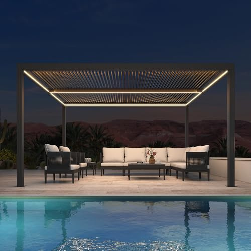 PURPLE LEAF Pergola 3 x 4.25 m LED Streifen Entwässerungssystem, Grau | LED Streifen mit Fernbedienung, Regenablauf-System, Sonnen- und Regenschutz, Verstellbaren Alu-Lamellen, Verwendung bei Nacht