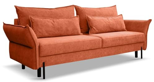Kaiser Möbel - Sofa mit Schlaffunktion und Bettkasten, Schlafsofa mit Bettzeugbehälter, Bonellfeder, Relaxsofa, Klappsofa, Metallfüße, Bequemes Couch für Wohnzimmer und Jugendzimmer, VOLIO, Orange