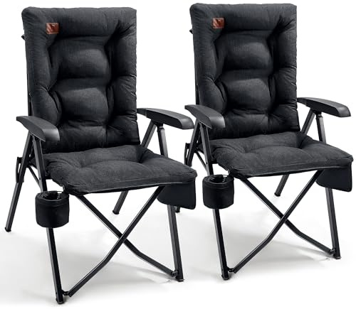 EVER ADVANCED Campingstol med vikbar rygg, justerbar i 4 positioner, upp till 150 kg, 6 cm tjock vaddering, med sidoficka, dryckeshållare, trädgårdsstol med hög rygg, fiskestol för läger och trädgård