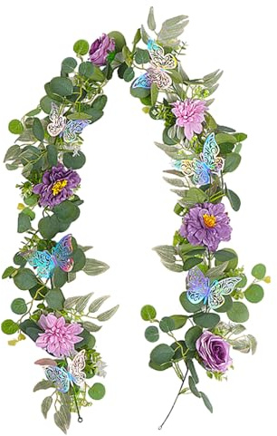 Eukalyptus Girlande 180cm mit Schmetterling Blumen Deko Künstliche Girlande Frühling Blumenranken Künstlich Hochzeitsdeko Girlande Künstliche Hängepflanzen für Frühling Hochzeit Hochzeitstag (C)