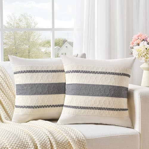 FDTERN 2er Set Boho Kissenbezug 50x50 Grau,Dekorative Leinen Kissenbezüge Kissenhülle Dekokissenbezug Sofakissen Dekokissen Deko für Sofa Schlafzimmer Wohnzimmer