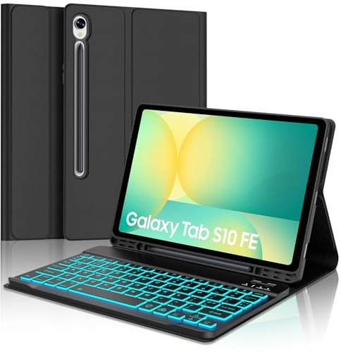 SENGBIRCH Keyboard Case for Samsung Galaxy Tab S10 FE 2025/S9 FE 10.9 - UK Layout 7 Colors Backlit Detachable Wireless Bluetooth Keyboard, Protective Folio Cover for for Tab S9 11, Black