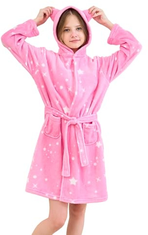 Piefry Bata de Baño para Niñas Albornoz de Felpa Suave con Capucha y Orejas de Gato (Estrellas Rosas, 12-13 años)