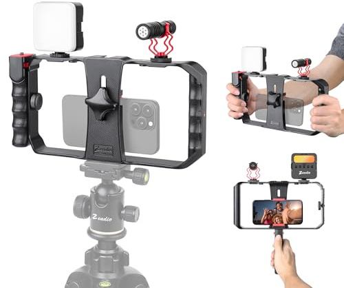 Zeadio Kit Video Rig per Smartphone All-in-One, Gabbia Regolabile con Luce Video RGB, Microfono Shotgun e Stabilizzatore Video Universale – Ideale per Filmmaking, Vlogging, YouTube, TikTok ecc
