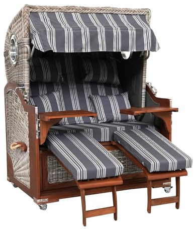 Webavita Strandkorb Bali Mahagoniholz | 2,5-Sitzer | Montiert | Geflecht Grau | Bezug Grau Gestreift| Halblieger | Beach Chair für den Garten Terrasse Balkon