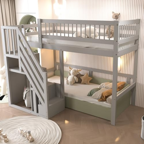 Oxtao Etagenbett 90x200, Kinderbett Hochbett mit Treppe & Aufbewahrungsschrank, Massivholz Funktionsbett Einzelbett Stockbett Spielbett Kinderhochbett Jugendhochbett mit Lattenrost (Grau, 90x200CM)
