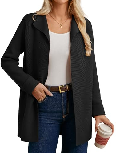 GRACE KARIN Damen Strickjacke Langarm Reverskragen Lang Cardigan Locker Strickmantel Open Front Schwarz XL