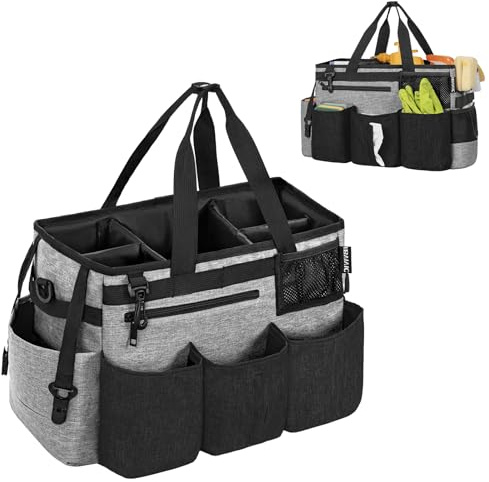OUUTMEE Cleaning Caddy Bag with Detachable Dividers– Wearable Cleaning Caddy Organiser with Handles & Adjustable Shoulder Strap, Cleaning Tote Bag for Cleaners & Housekeepers (38x22x26cm, Grey)