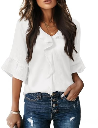siliteelon White Tops for Women Dressy Casual Ruffle 3/4 Sleeve Bell Blouses Ladies Business Formal Shirt Spring Trendy White M