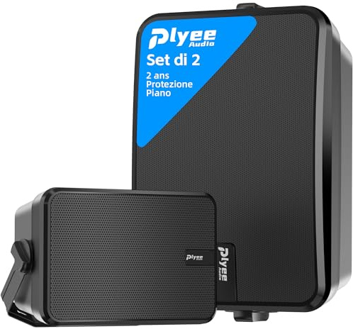 Plyee Audio Altavoz Bluetooth Exteriores, Sistema Activo + Pasivo de Montaje en Pared, Amplificador Integrado, Entrada AUX Compatible para Terraza, Porche, Piscina, Garaje, Pack de 2 (MZ‑660)