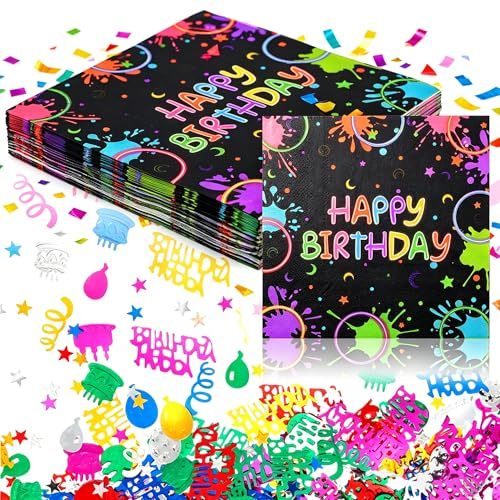 Solivive 50 Stück Servietten Geburtstag, Happy Birthday Servietten, Neonfarbe Papierservietten, Cocktail Servietten Einweg Bunte Thema Dekorationen Zubehör für Junge Mädchen Geburtstag Party Deko