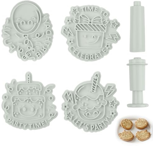 Cookie Cutters and Stamps, Fondant Stamp Embosser, 1 Set of 4 Irregular Cookie Stamps for Biscuits Fondant Cutters Personalised Cookie Stamp Happy Birthday Fondant Stamp Bake Box Boutique