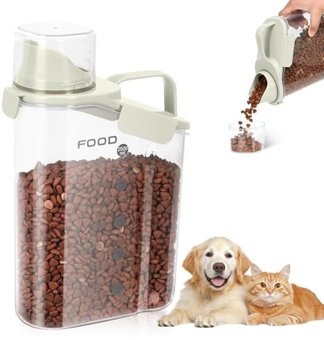 ZoneYan Almacenamiento de comida para gatos de 2,8 L, recipiente de almacenamiento de alimentos secos con asa portátil y vaso medidor, recipiente transparente, recipiente para comida para mascotas