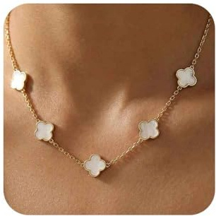 99 Jackets Four Leaf Clover Necklace for Women, 18K Gold Plated Stainless Steel, Dual Sided White Shell, 5 Lucky Charm Motifs, Non-Tarnish Hypoallergenic, Adjustable Good Luck Jewellery Gift