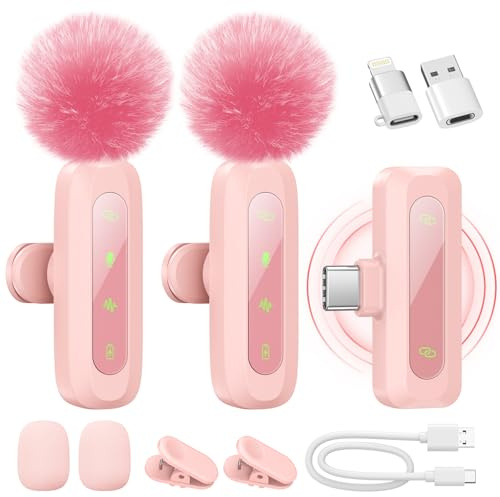 WARM BOX Kabelloses Lavalier-Mikrofon für iPhone, iPad, Android-Handy | 2er-Pack Mini-Mikrofon mit Rauschunterdrückung, Auto-Pairing und Stummschaltung und Reverb für Vlogging(Rosa)