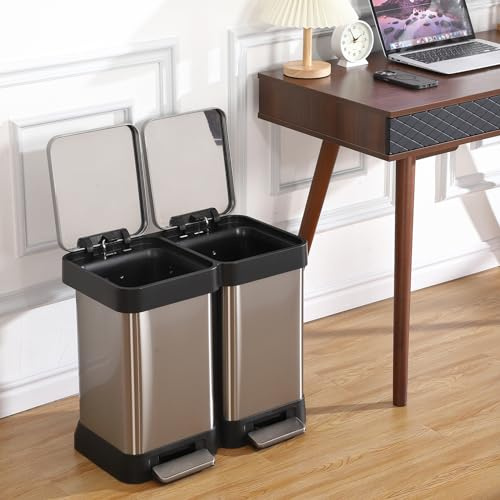 AffinityFurn - Cubo de basura (40 L, 2 bandejas de 20 L, con pedal de acero inoxidable, con tapas, cierre suave y silencioso, hermético, fácil de colocar (53 x 45 x 34 cm)
