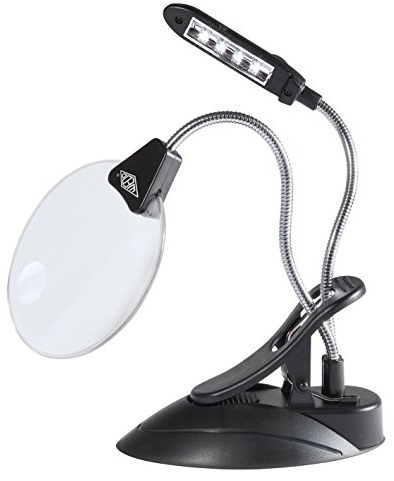 Wedo 27175201 Tischlupe mit LED Lampe, Kunststoff Linse Ø 10,2 cm, 2 fach / 4 fach Vergrößerung, 4x Licht, flexibler Hals, Klemme, schwarz