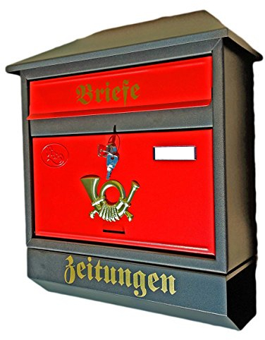 Großer Briefkasten/Postkasten XXL Schwarz Matt/Rot mit Zeitungsrolle Zeitungsfach Schrägdach Trapezdach