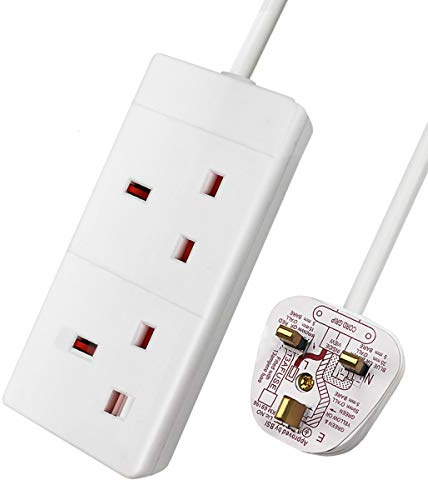 ExtraStar 2 Way Extension Lead, 13A Fused UK Plug Extension Socket, 3M Extension Cable Power Strip - White