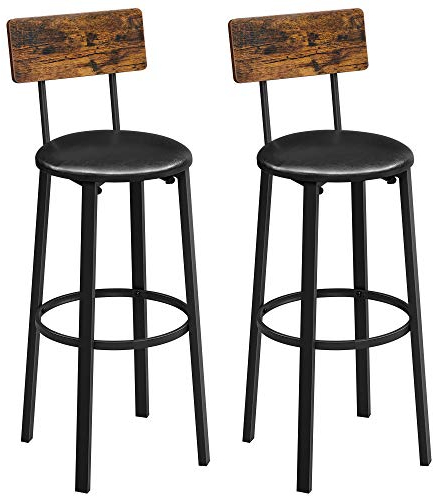 VASAGLE Tabouret de Bar, Lot de 2, Chaise de Cuisine, Rembourré, PU, Assise 75,5 cm, Repose-Pieds, Montage Simple, Industriel, Salle à Manger, Cuisine, Marron Rustique et Noir Classique LBC069B81