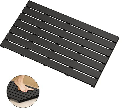 Bamboo Wooden Bath Floor Mat for Luxury Shower - Non-Slip Bathroom Waterproof Carpet for Indoor or Outdoor Use (Black,31.3 x 18.1 x 1.5 Inches)