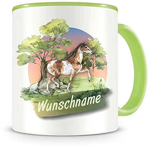 Samunshi® Kindertasse mit Namen Tasse Pferd Personalisierte Tasse mit Namen Kinder Kinderbecher personalisierter Text Wunschtext Kindergarten grün 300ml