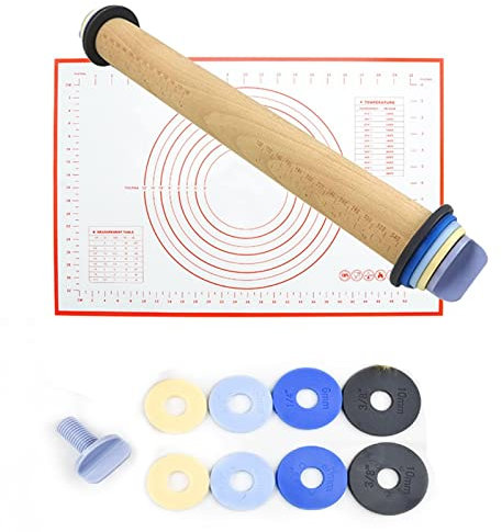 Mattarello, cintura 4 anelli di spessore rimovibili, con tappetino da forno in silicone, set di mattarelli in legno regolabile, da applicare su fondente, pizza, crosta di torta, biscotti, pasticceria