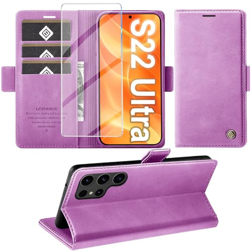 Giyer Handyhülle für Samsung Galaxy S22 Ultra 5G Hülle mit Schutzfolie, Standfunktion Kartenfach Wallet Premium Leder Schutzhülle S22 Ultra Flip Case Cover Stoßfeste Klapphülle 6,8 Zoll