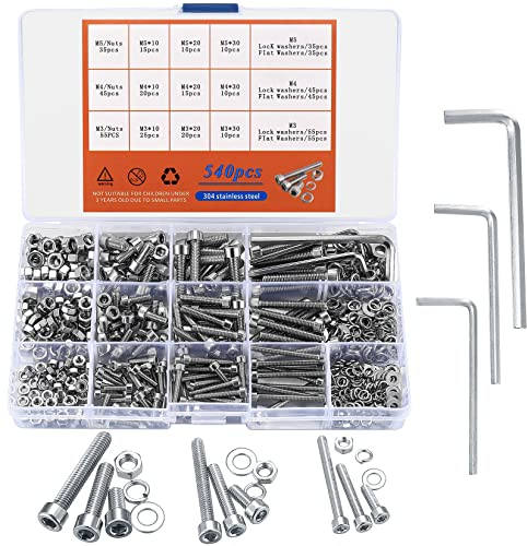 540 Pezzi M3/M4/M5 Viti a Testa Esagonale con Esagono Incassato, Viti a Testa Cilindrica Esagonali Meccaniche con Bullone e Dadi e Rondelle Piatte in Acciaio Inox
