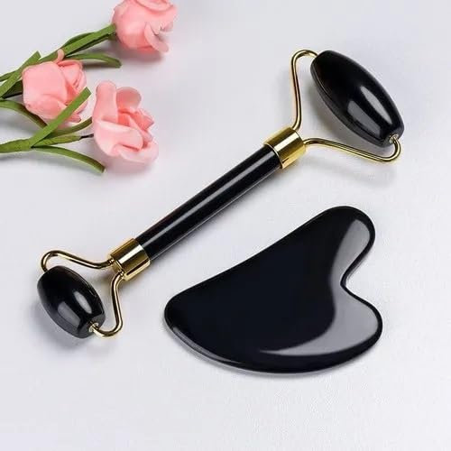 Black Obsidian Jade Facial Roller & Gua Sha Set 100% Natural Source from Highest Altitude of Himalayan Two-Sided Face Neck Massager Stone Beauty Tool