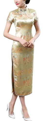 Vintage Manica Corta Maxi Cheongsam Stampa Spacco Alto Lato Tradizionale Cinese Capodanno Partito Bodycon Costume, Drago Oro, M